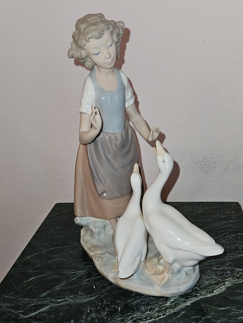 Lladro Nao Vintage Porcelain Girl with Geese in Cream, Beige and Blue